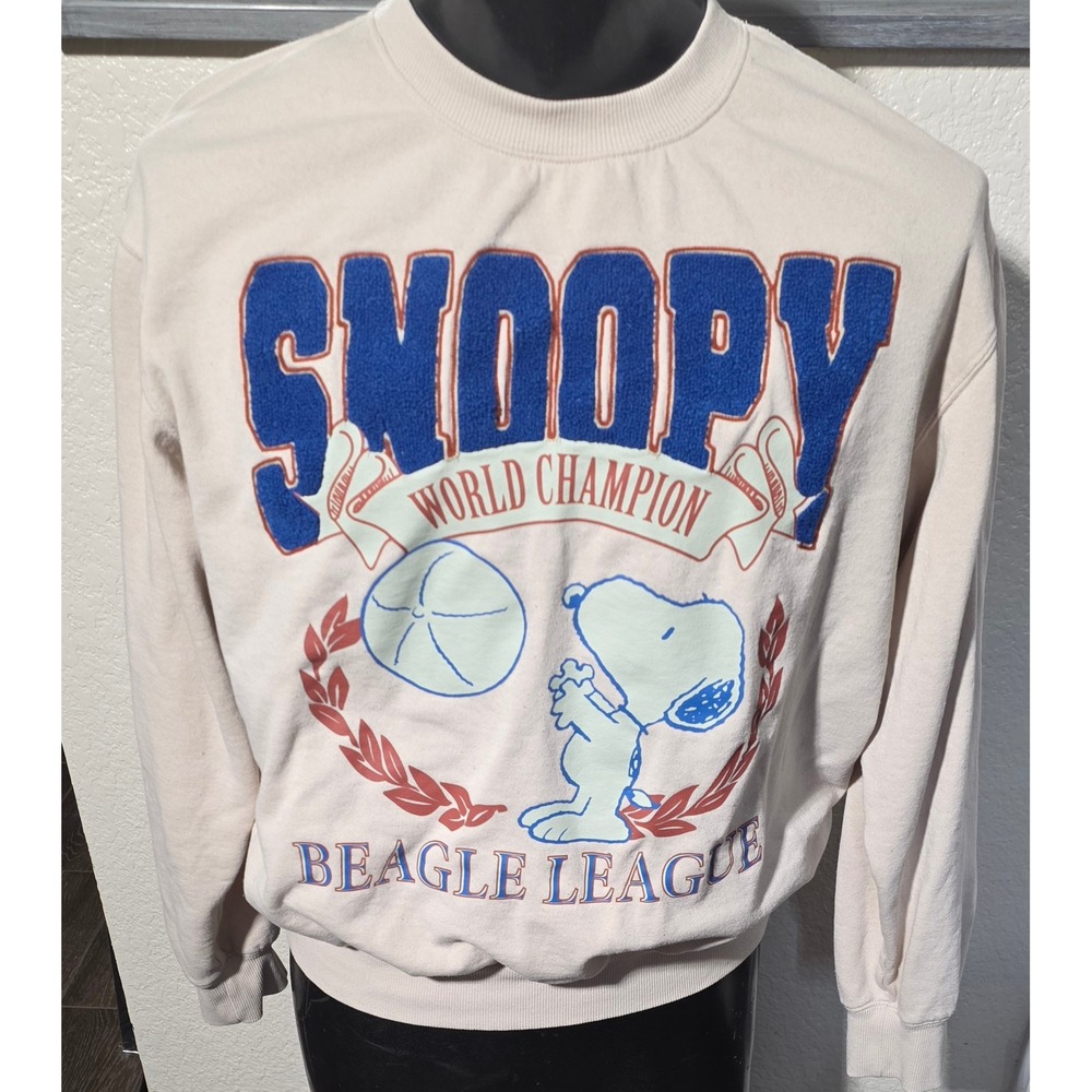 Peanuts Snoopy World Champion Beagle League Sweatshirt Cream Chenille Men Medium